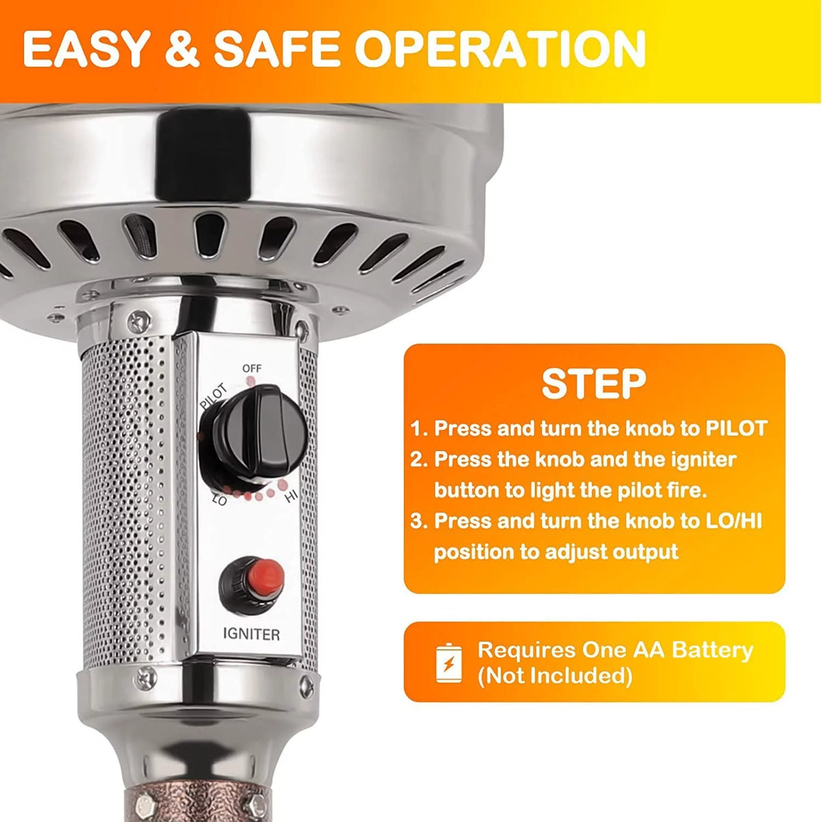 50,000 BTU Propane Patio Heater with Reflector, Stainless Steel Burner, Wheels, Silver U968