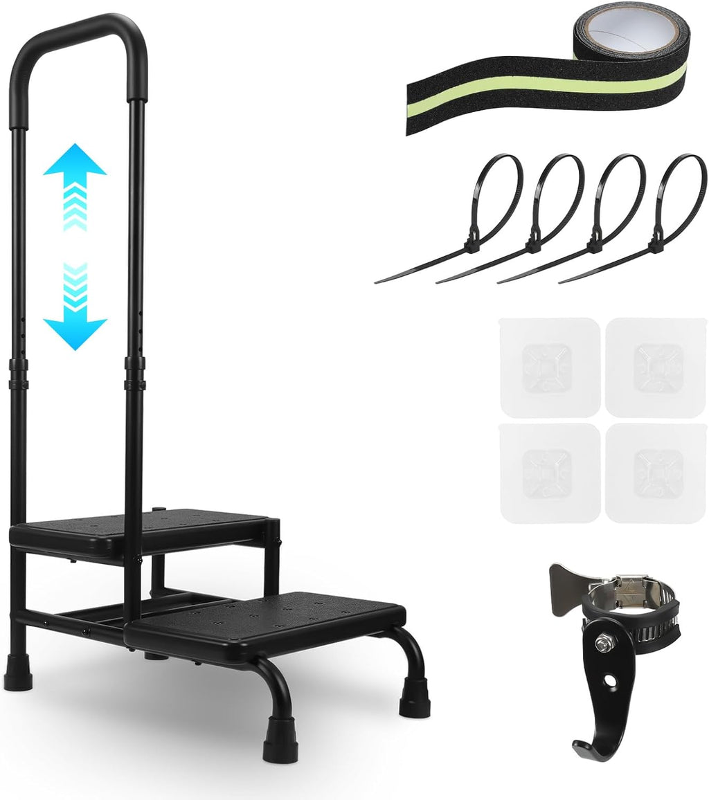 2 Step Stool with Handle, Heavy Duty Step Stool with 4 Fixing Buckle and Adjustable Handrail R672309