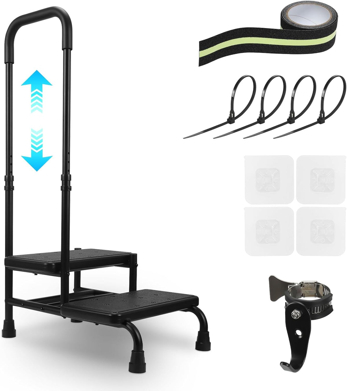 2 Step Stool with Handle, Heavy Duty Step Stool with 4 Fixing Buckle and Adjustable Handrail R672309
