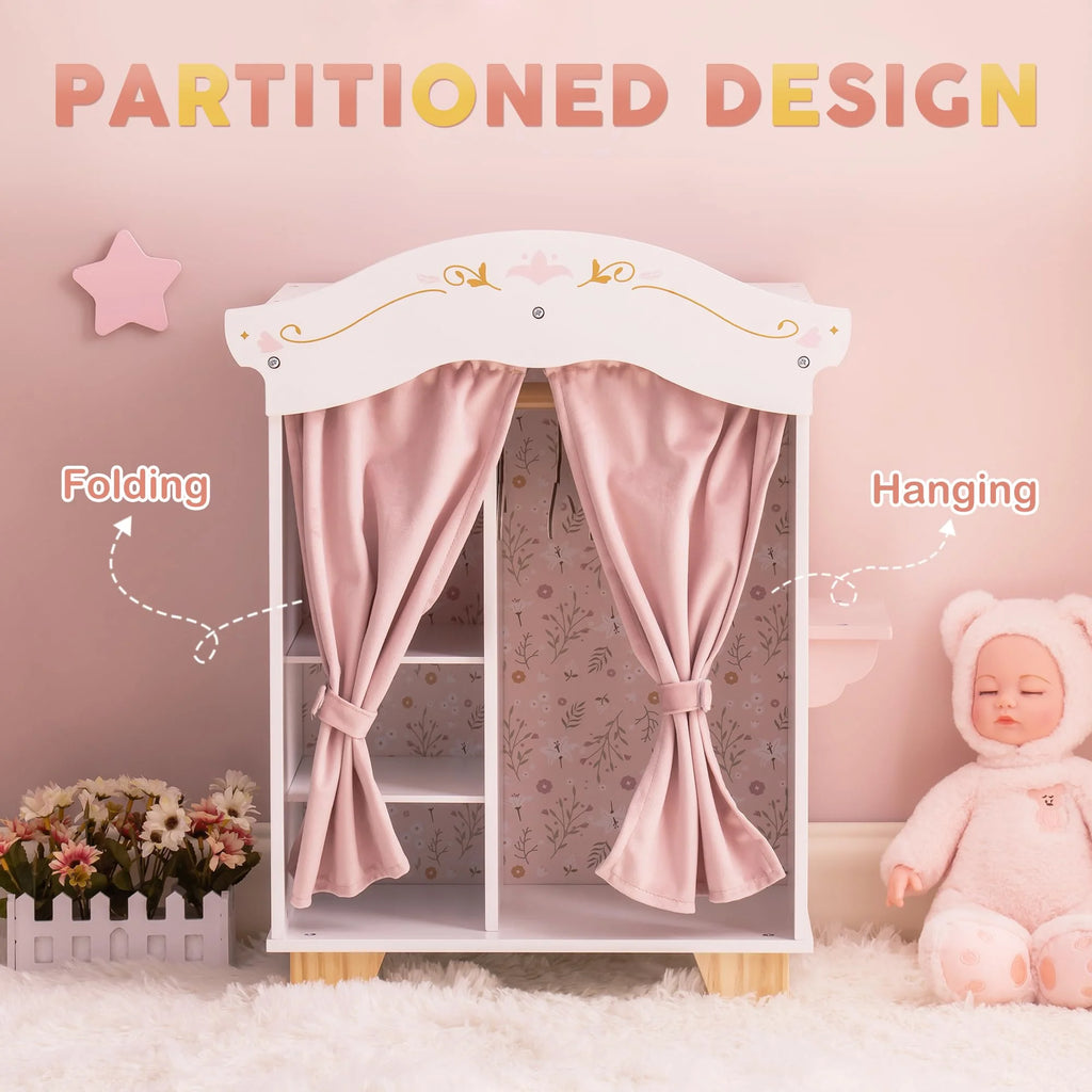 Pink Wooden Doll Armoire Closet with Vanity Table and 5 Clothing Hangers J630