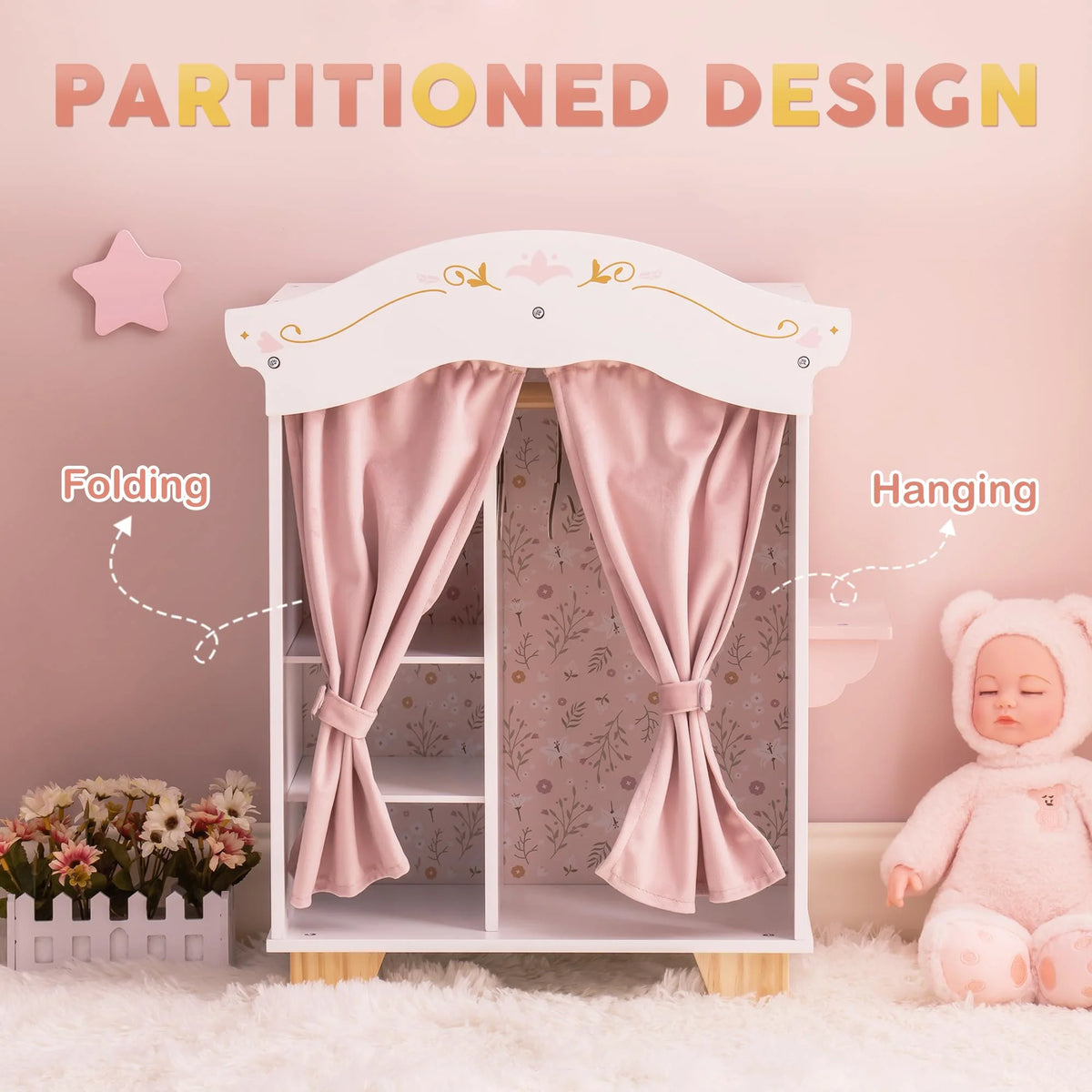 Pink Wooden Doll Armoire Closet with Vanity Table and 5 Clothing Hangers J630
