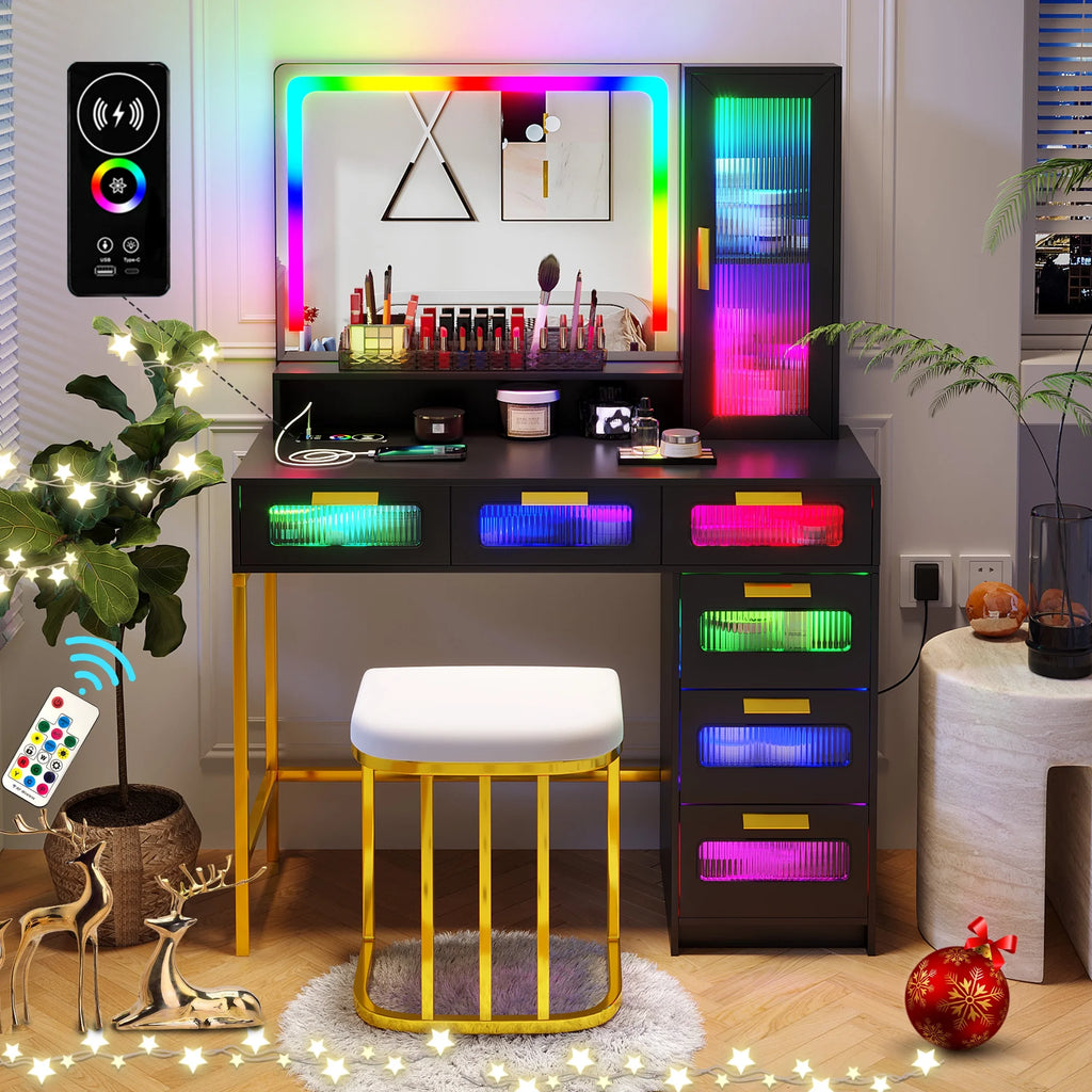 Black Vanity Set with 6 Drawers and Stool G1463