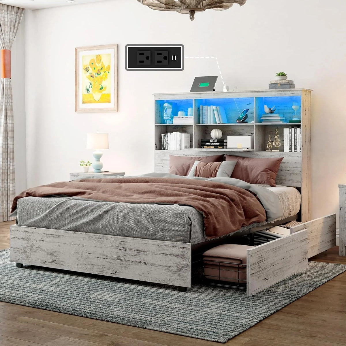 Queen Size Wood Storage Bed with 4 Drawers Y946377