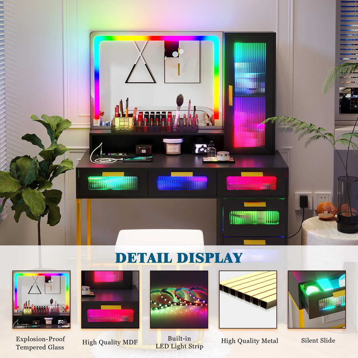 Black Vanity Set with 6 Drawers and Stool G1463