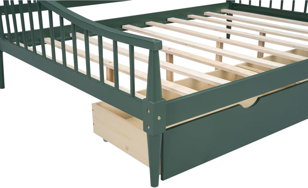 Green Full Size Daybed with Two Drawers Solid Wood Storage Bed Frame D70558