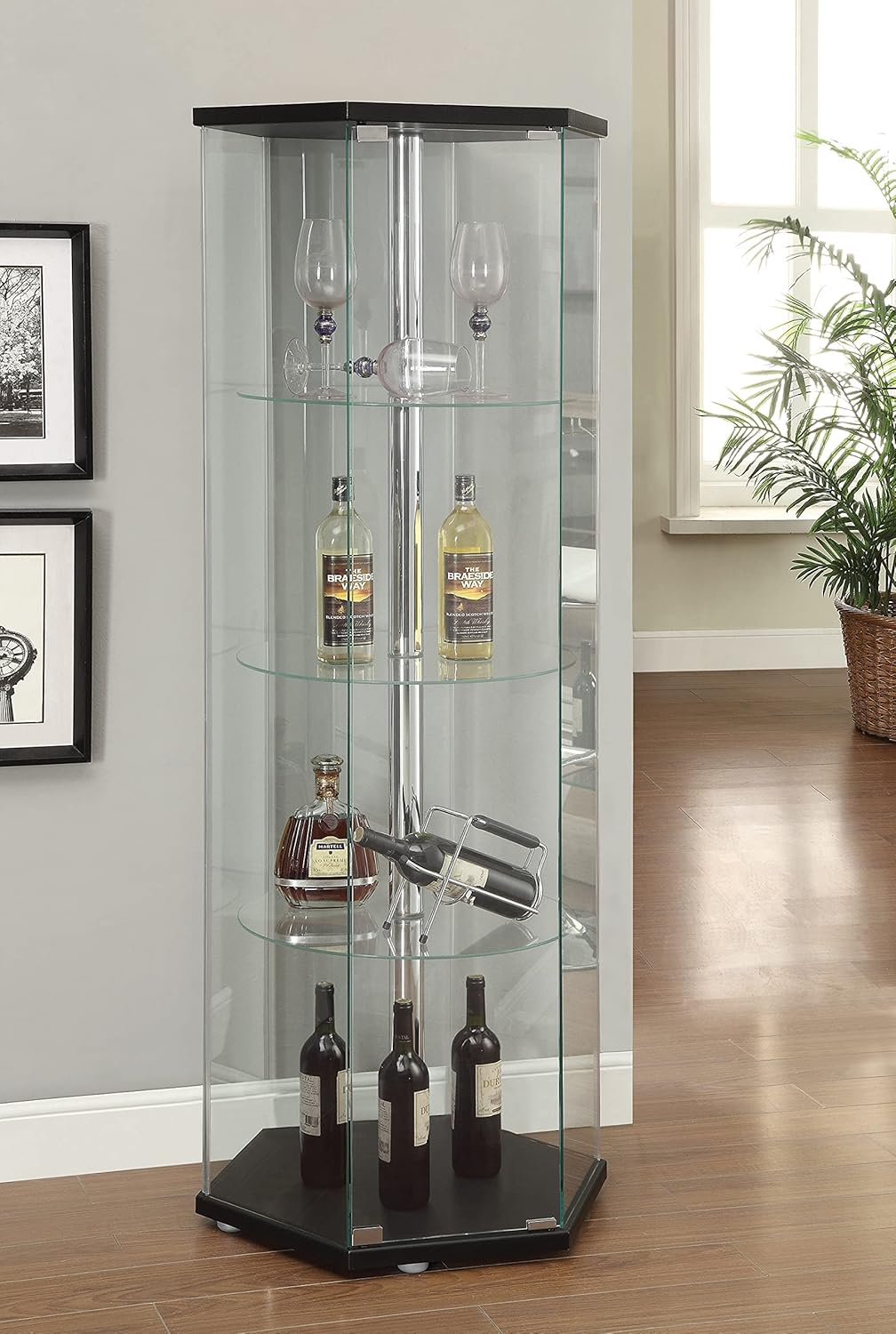 Hexagon Shaped Curio Cabinet Black and Clear H284