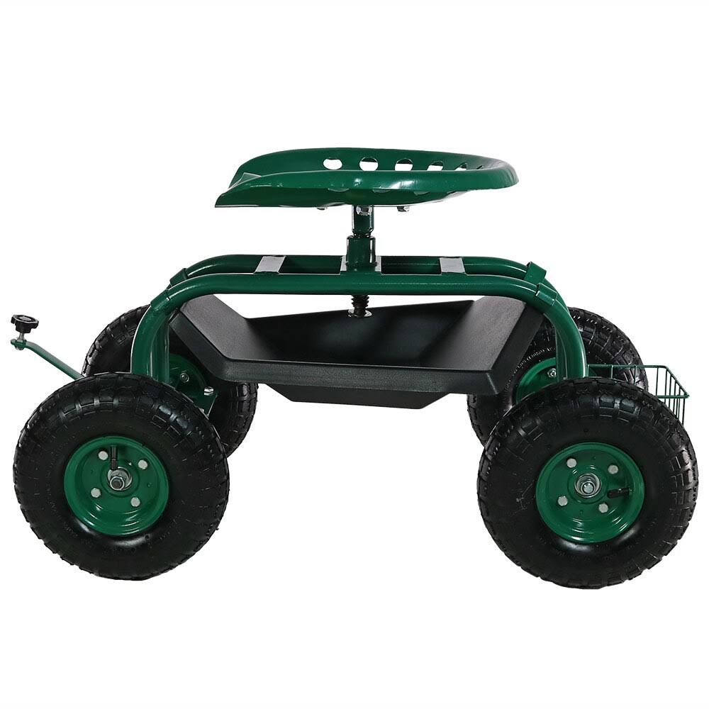 Green Rolling Garden Cart with Swivel Seat and Basket H4725
