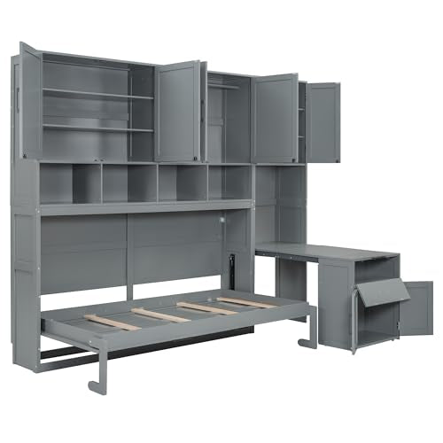 Grey Wooden Twin Murphy Bed with Storage Cabinet and Desk C808681