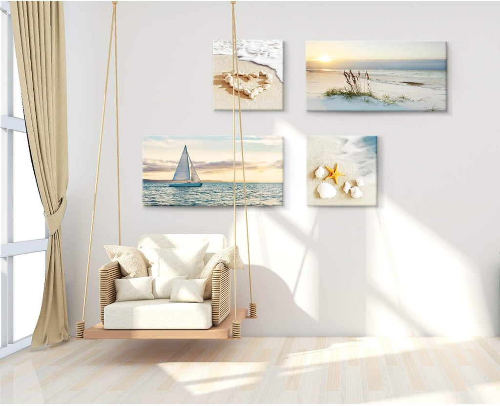 Sunset Canvas Art Seascape Painting with Sailboat Wall Art, 32'' x 16'' x 2 Panels + 16'' x 16'' x 2 Panels Z6912