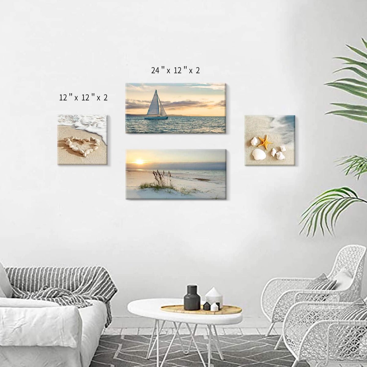 Sunset Canvas Art Seascape Painting with Sailboat Wall Art, 32'' x 16'' x 2 Panels + 16'' x 16'' x 2 Panels Z6912
