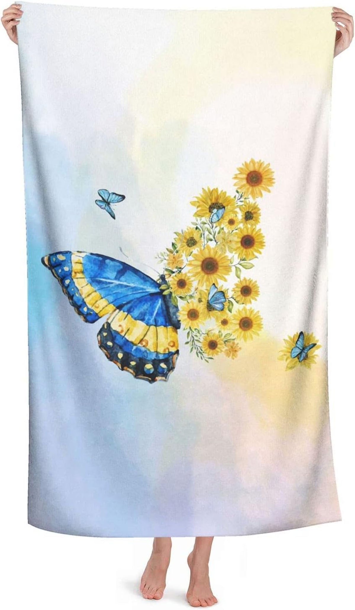 Vintage Watercolor Butterfly Sunflower Towel, 52X32 Absorbent Beach Towel I8440