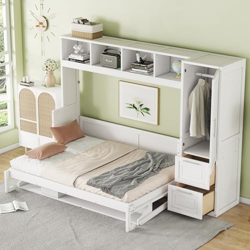White Solid Wood Full Size Murphy Bed with Closet and Drawers C200