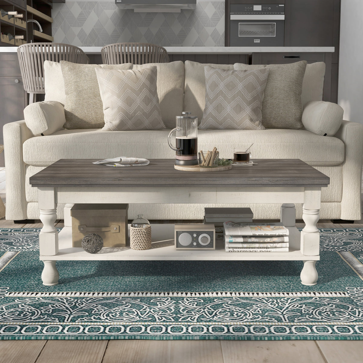 Rustic White Solid Wood 1-Shelf Coffee Table O9349