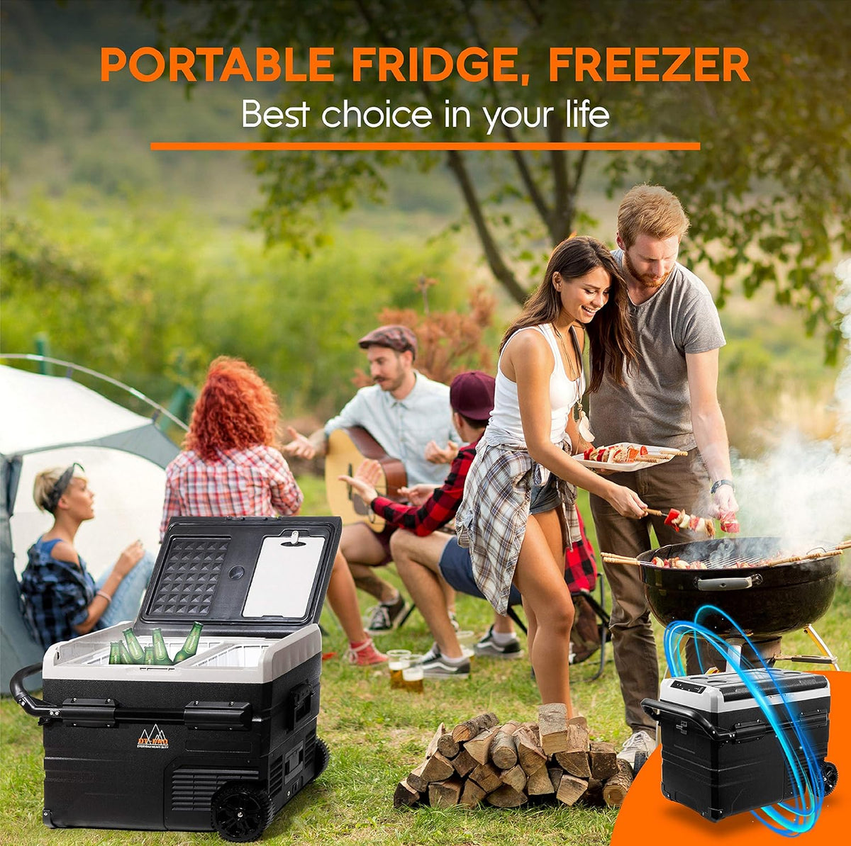 Portable Battery Operated Camping Fridge with Wheels, Dual Zone Freezer F890