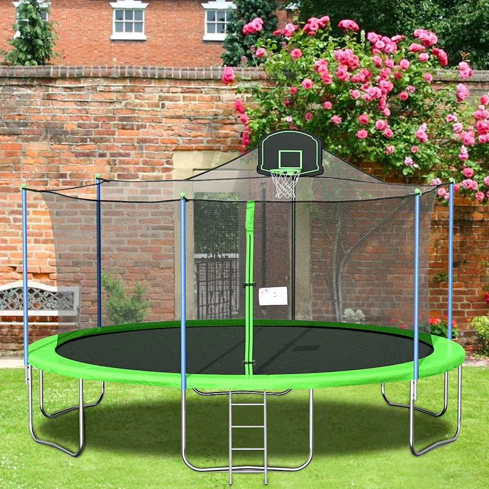 16 FT Trampoline with Basketball Hoop, Enclosure, Waterproof Mat and Ladder N740