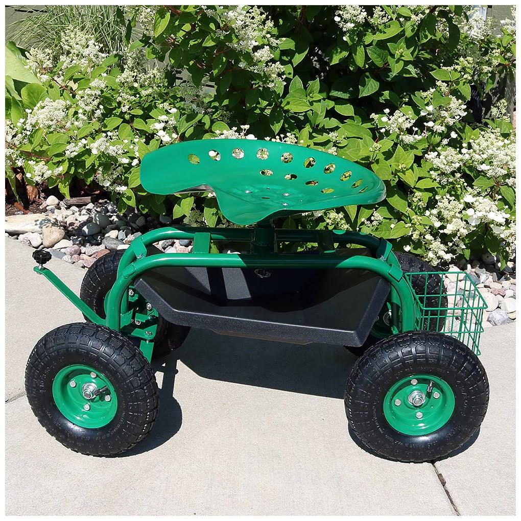Green Rolling Garden Cart with Swivel Seat and Basket H4725