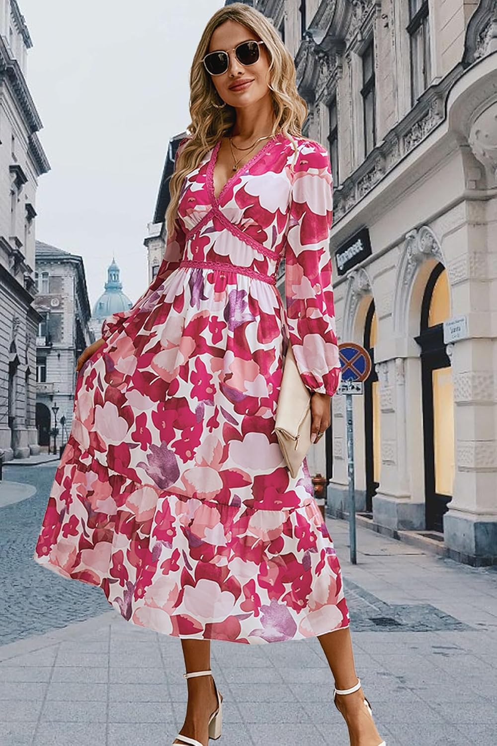 Rose V Neck Long Sleeve Wrap Maxi Dress Chiffon Q2826