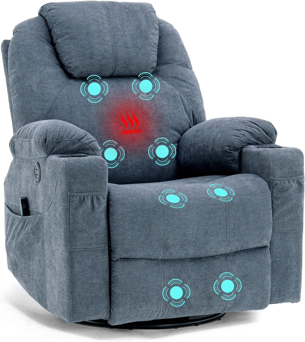 Gray-Blue Swivel Rocker Recliner Chair with Heated Massage U1353