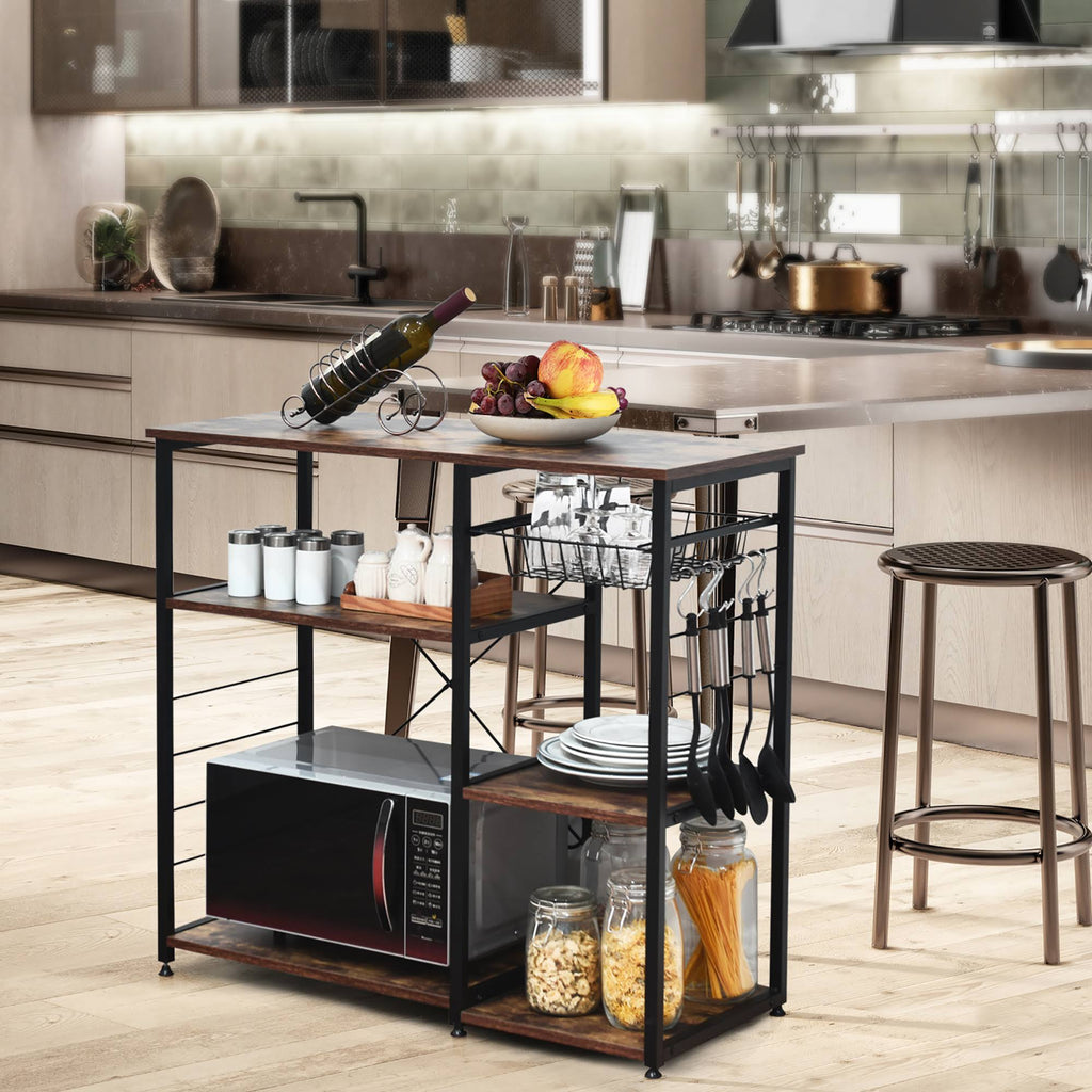 Industrial Kitchen Baker's Rack Microwave Stand Utility Storage Shelf with 6 Hooks Steel Black A13338