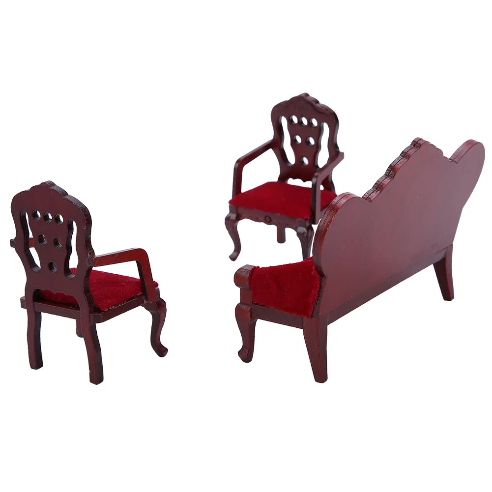 Red Wooden Dollhouse Sofa Chair Set W441