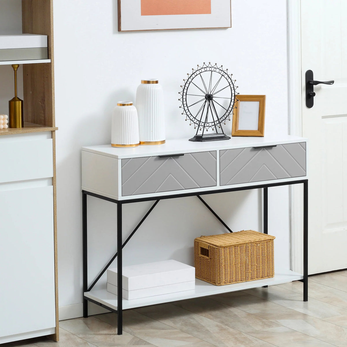 White Console Table with 2 Drawers and Open Shelf H66481