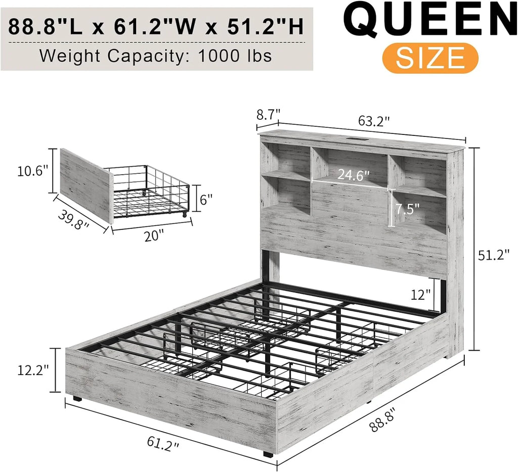 Queen Size Wood Storage Bed with 4 Drawers Y946377
