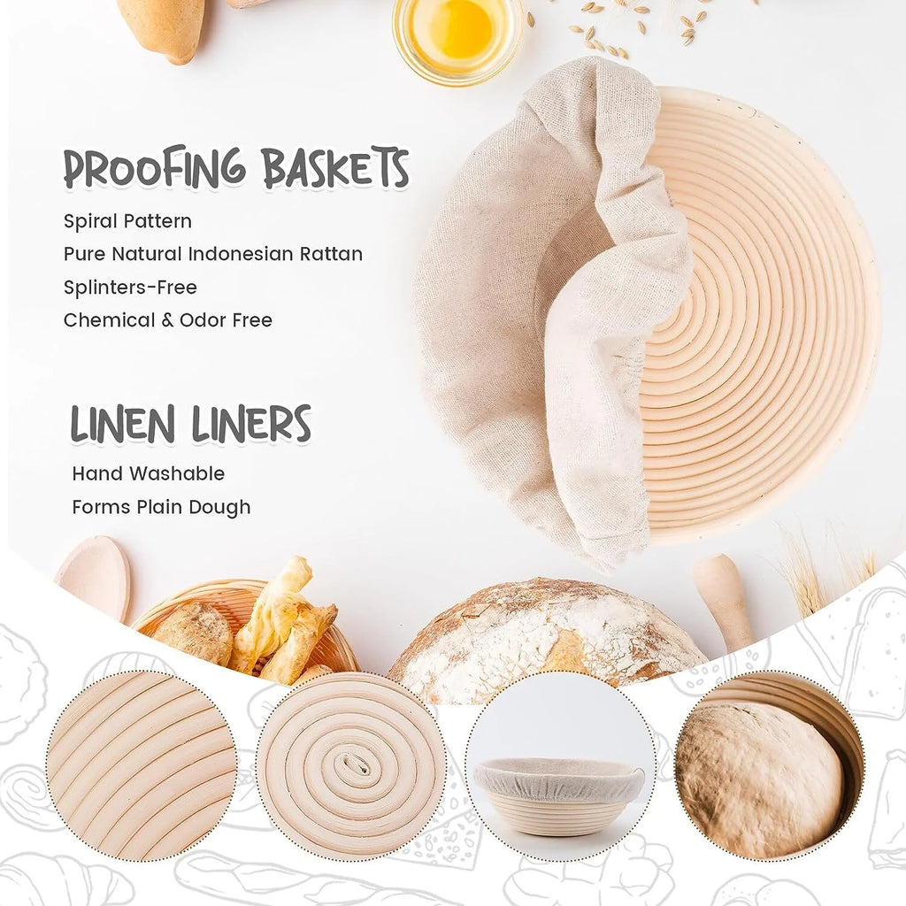 Round Bread Dough Proofing Rattan Baskets (Set of 2, 9 inch) with Liners K63233