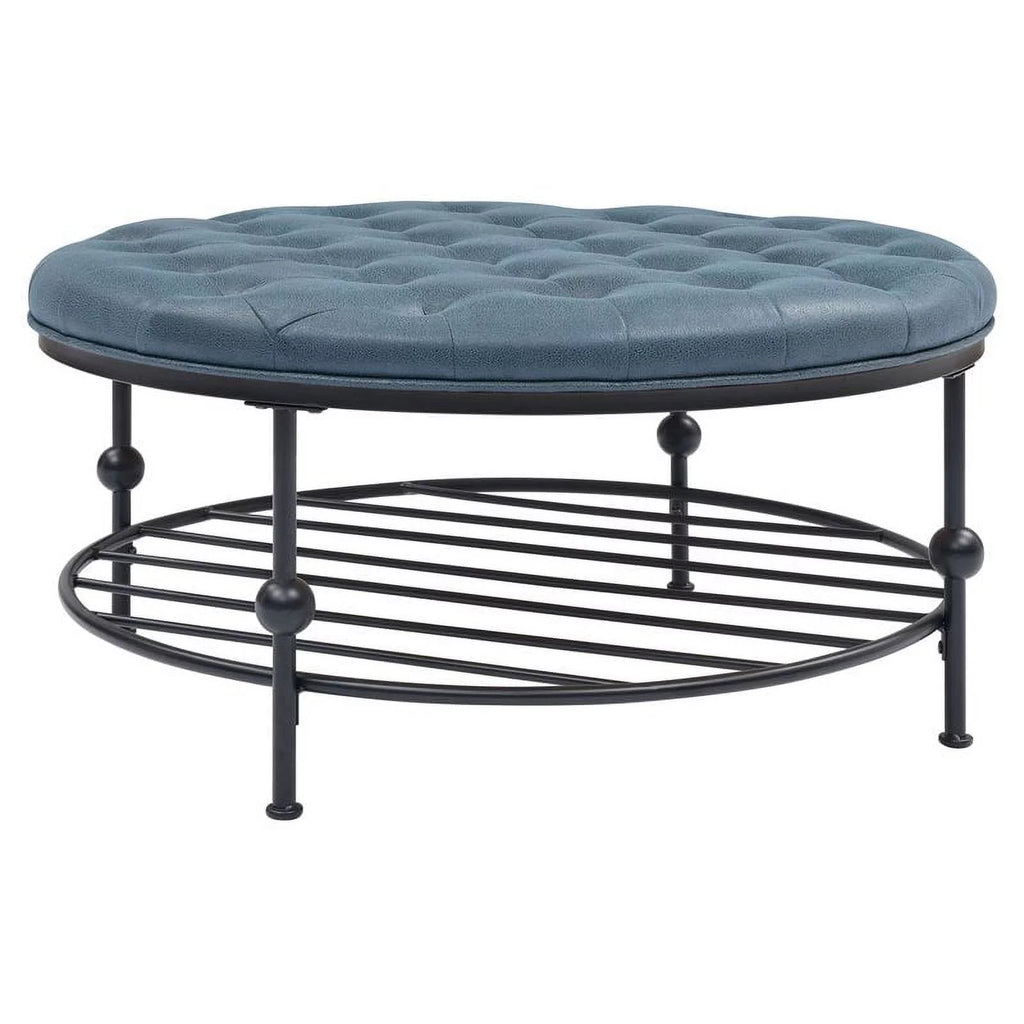 Blue Faux Leather Tufted Cocktail Ottoman A20848
