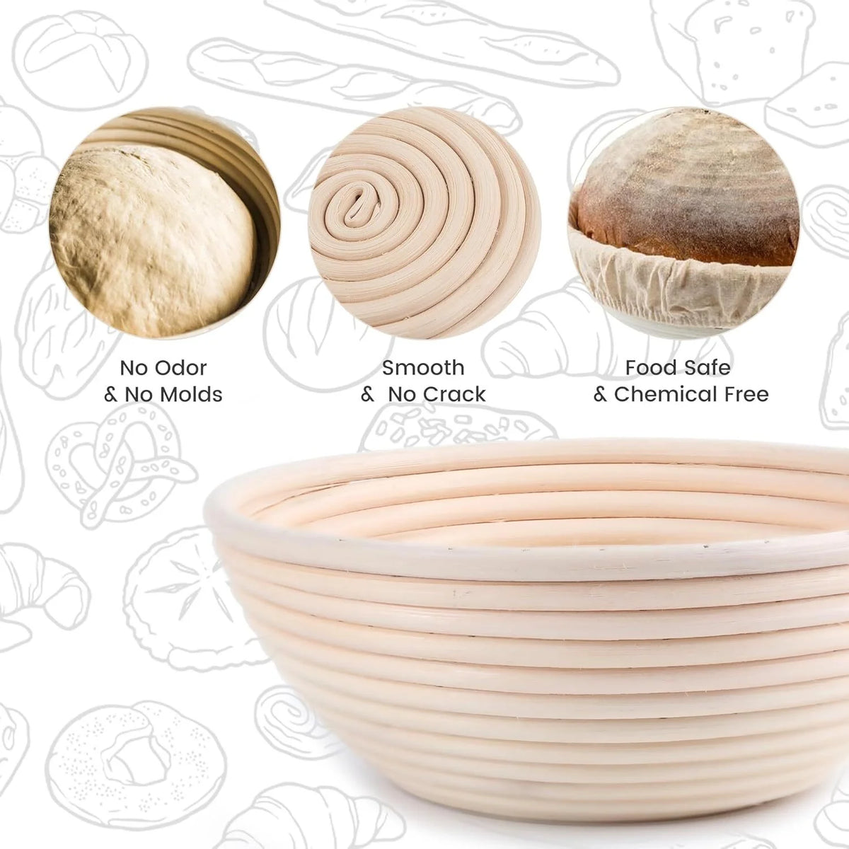 Round Bread Dough Proofing Rattan Baskets (Set of 2, 9 inch) with Liners K63233