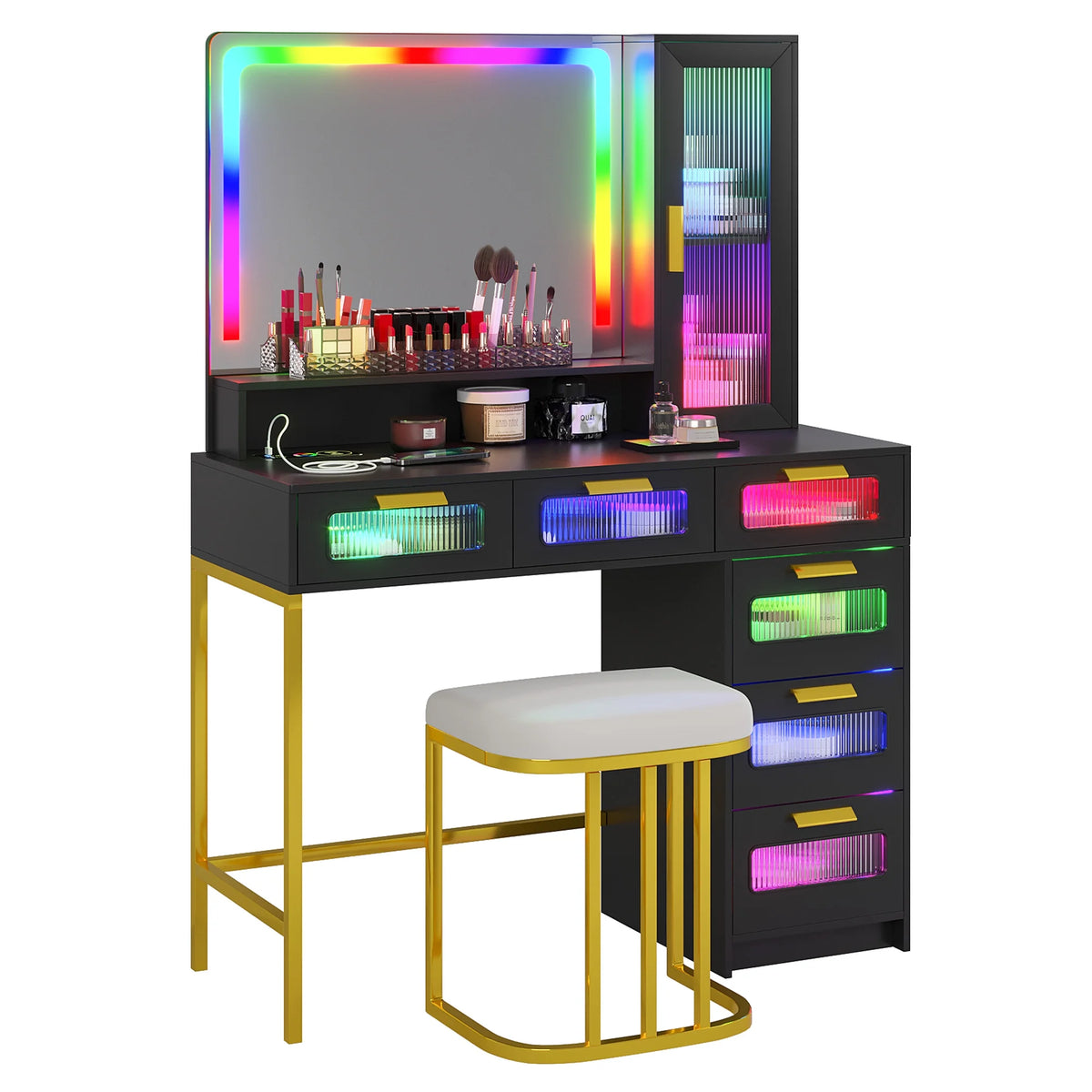 Black Vanity Set with 6 Drawers and Stool G1463