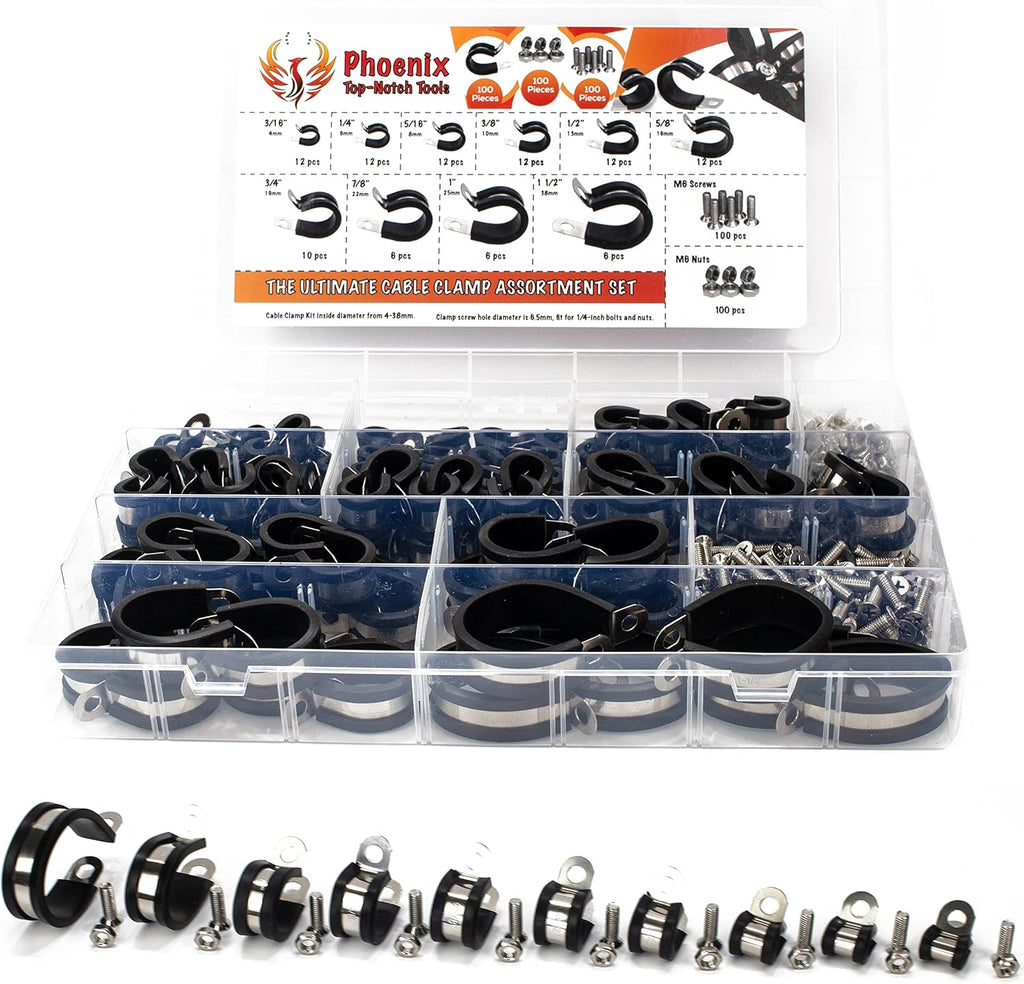 100pcs 304 Stainless Steel Rubber Insulated Cable Clamps 10 Sizes O4801
