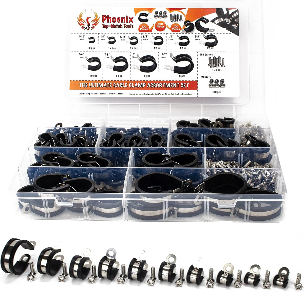 100pcs 304 Stainless Steel Rubber Insulated Cable Clamps 10 Sizes O4801