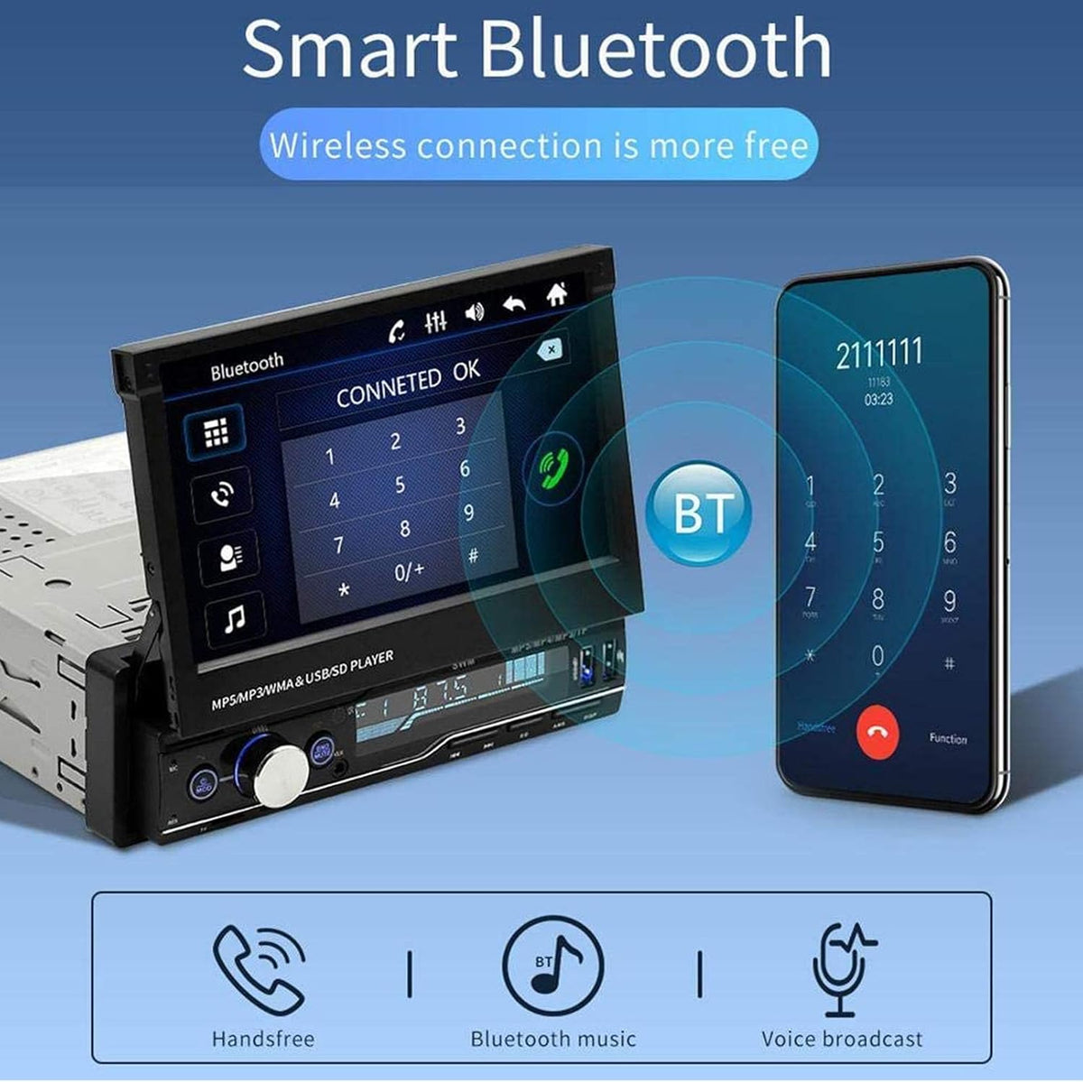 Single Din 7 inch Bluetooth Car Stereo with Retractable Touch Screen K127