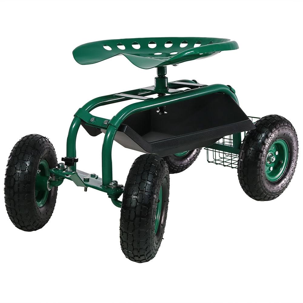 Green Rolling Garden Cart with Swivel Seat and Basket H4725