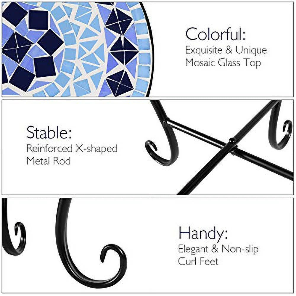 Round 14 Inch Mosaic Side Table with Glass Top and Steel Frame H872