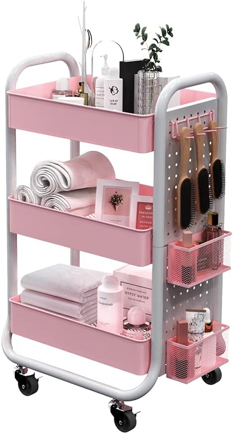 3 Tier Rolling Metal Utility Cart with Hooks Storage Bins M295293