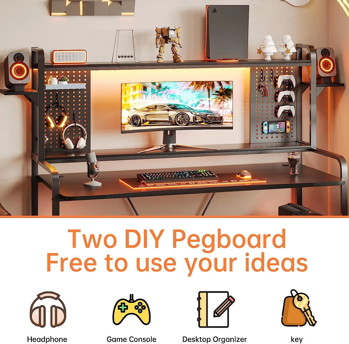 55" Gaming Desk with Hutch, Shelves, LED Lights, Pegboard and Monitor Shelf, Black Y13092