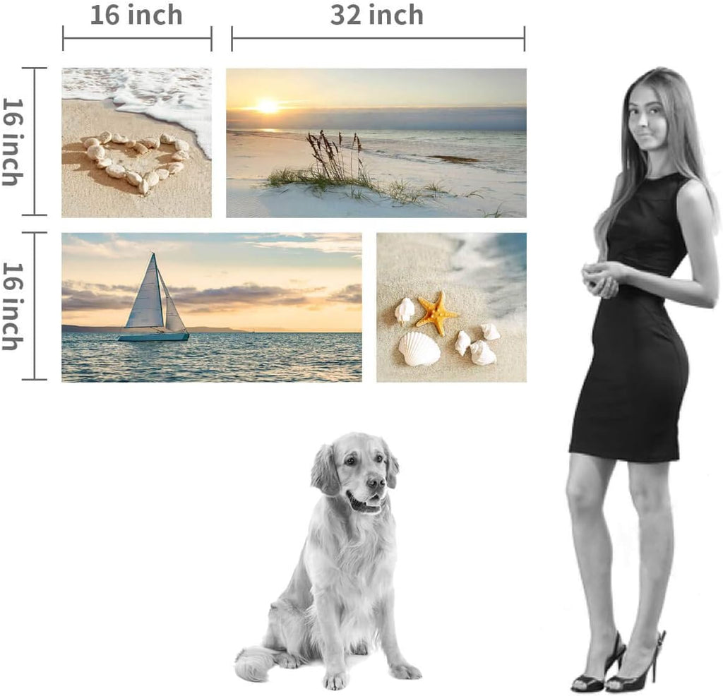 Sunset Canvas Art Seascape Painting with Sailboat Wall Art, 32'' x 16'' x 2 Panels + 16'' x 16'' x 2 Panels Z6912