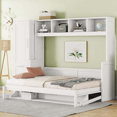 White Solid Wood Full Size Murphy Bed with Closet and Drawers C200