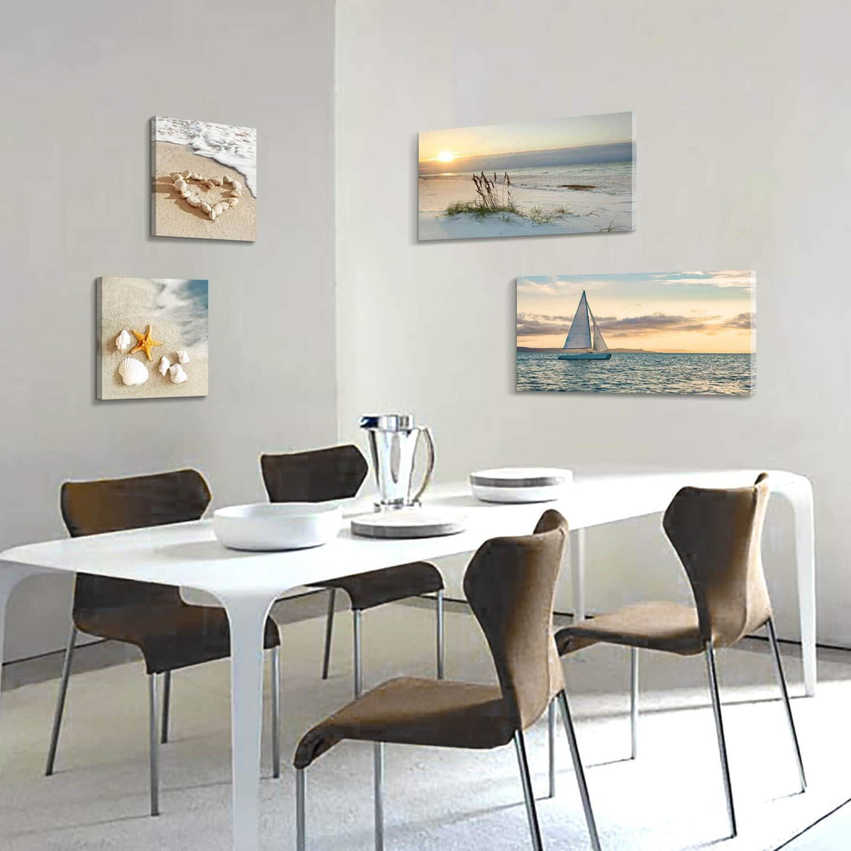 Sunset Canvas Art Seascape Painting with Sailboat Wall Art, 32'' x 16'' x 2 Panels + 16'' x 16'' x 2 Panels Z6912