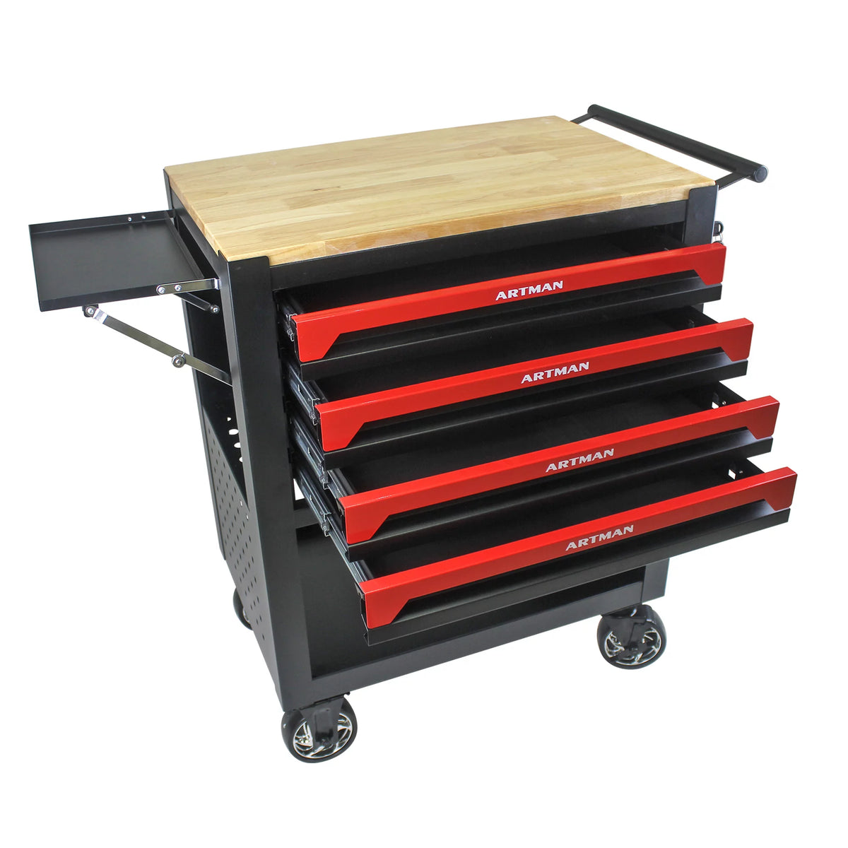 4-Tier Rolling Tool Cart with Cabinet and Wooden Top L151