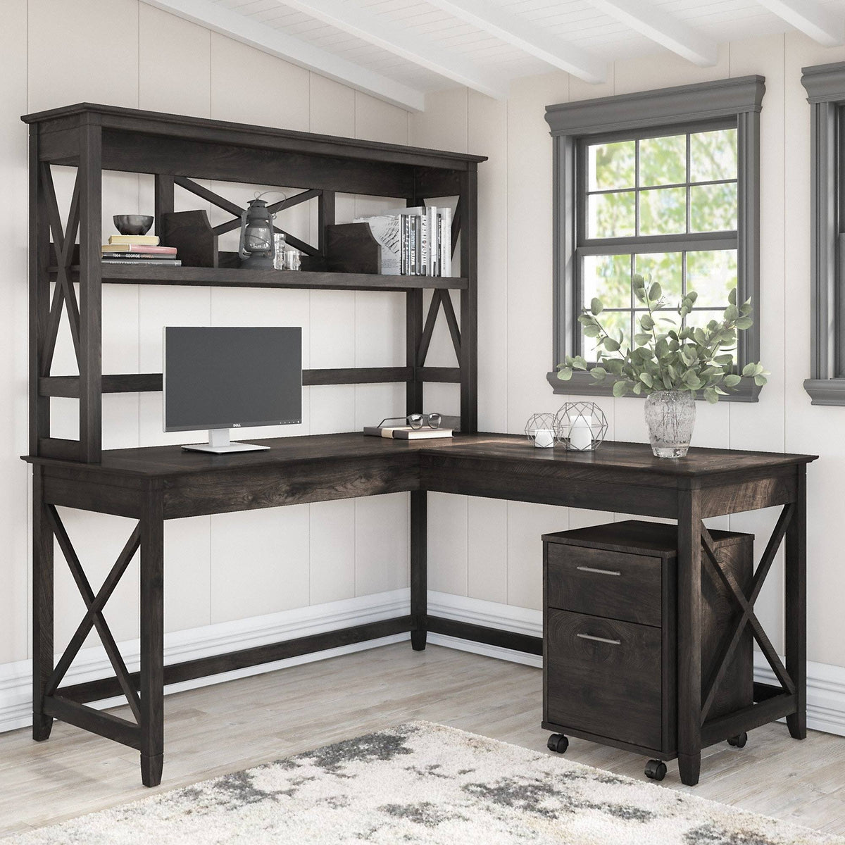 Dark Gray Hickory L Shaped Desk with Hutch and 2 Drawer Mobile File Cabinet F490885
