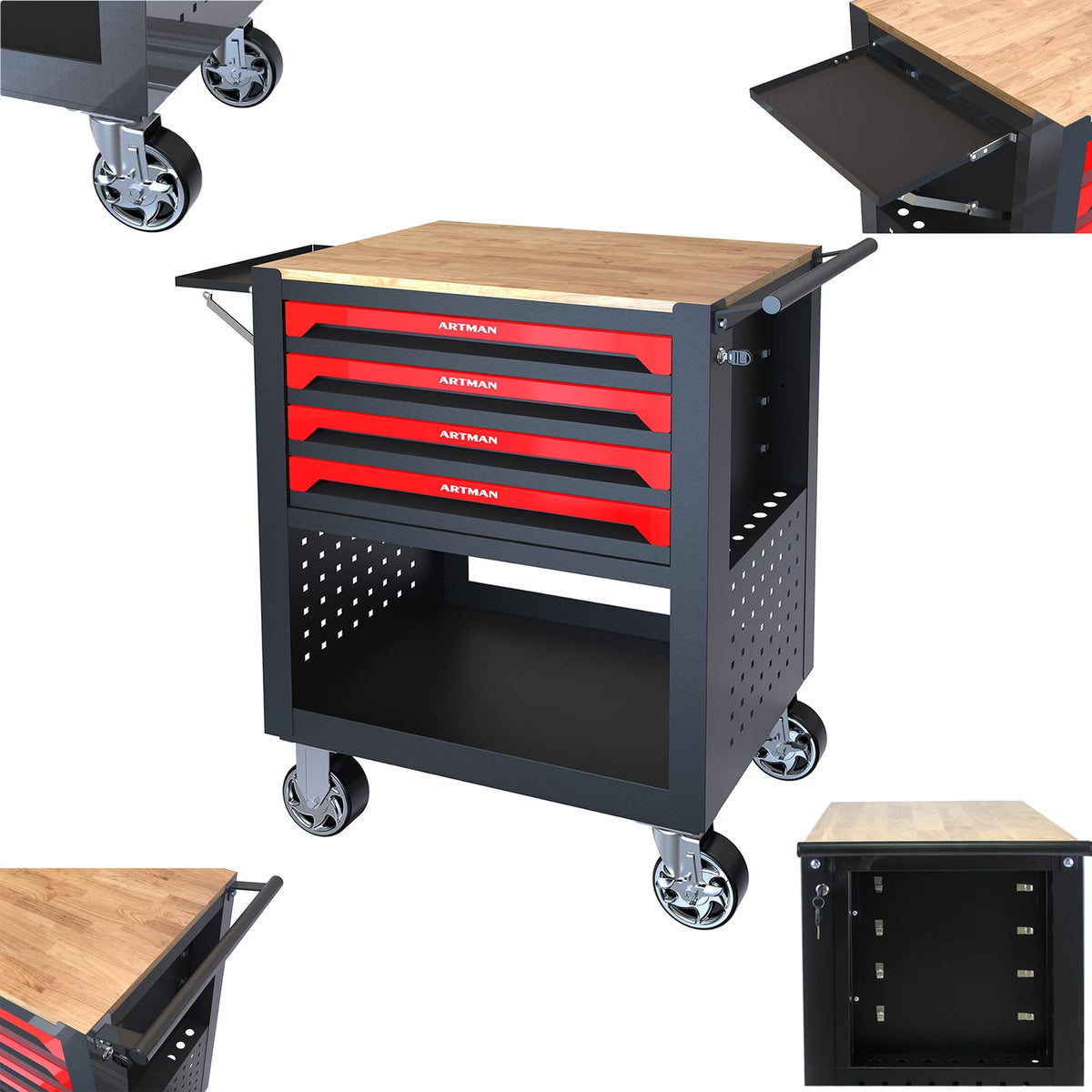 4-Tier Rolling Tool Cart with Cabinet and Wooden Top L151