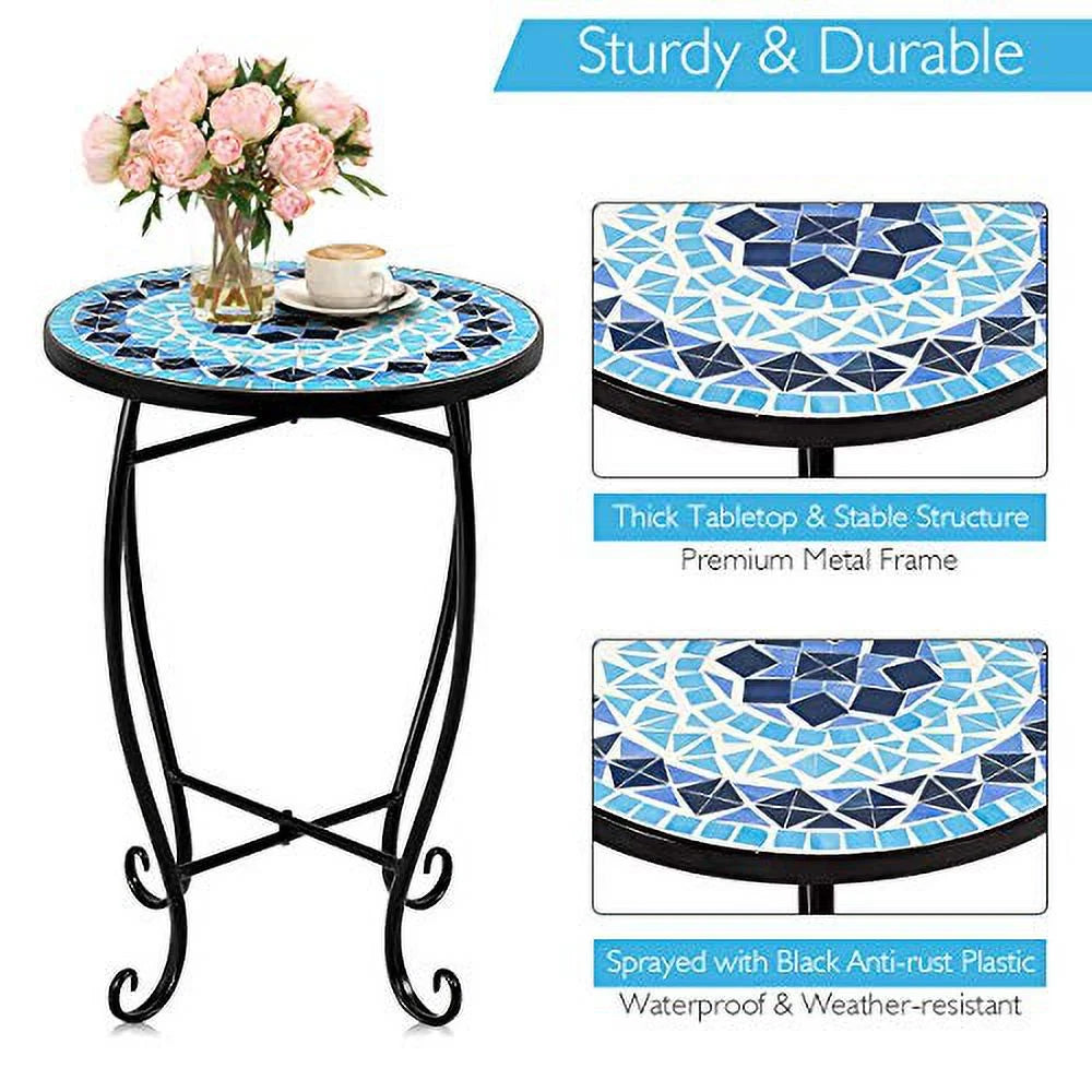 Round 14 Inch Mosaic Side Table with Glass Top and Steel Frame H872