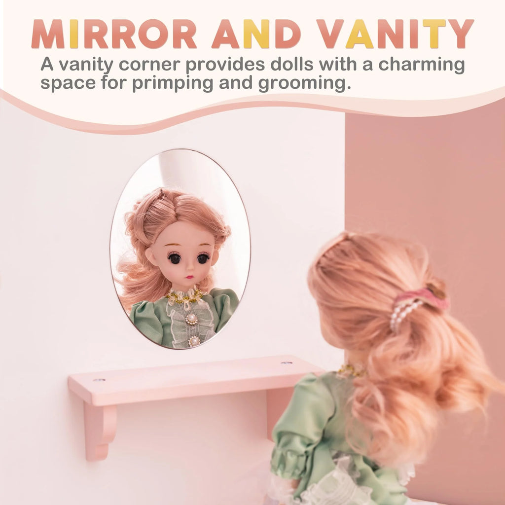 Pink Wooden Doll Armoire Closet with Vanity Table and 5 Clothing Hangers J630