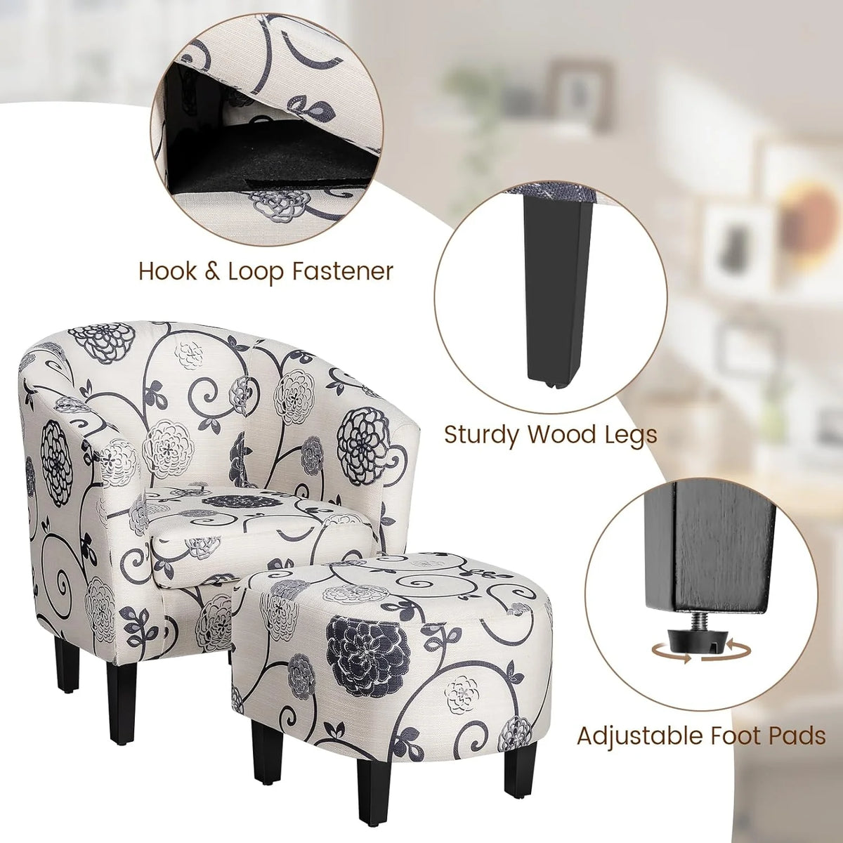 Accent Chair with Ottoman Set Upholstered Barrel Chair with Footrest V7371