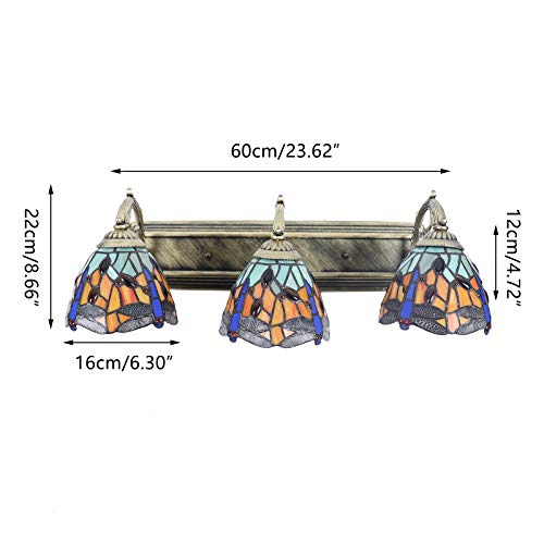 Tiffany Victorian Wall Sconce, 3-Light Vanity Light Fixtures Stained Glass Lampshade Dragonfly Over Mirror Lamp P50587
