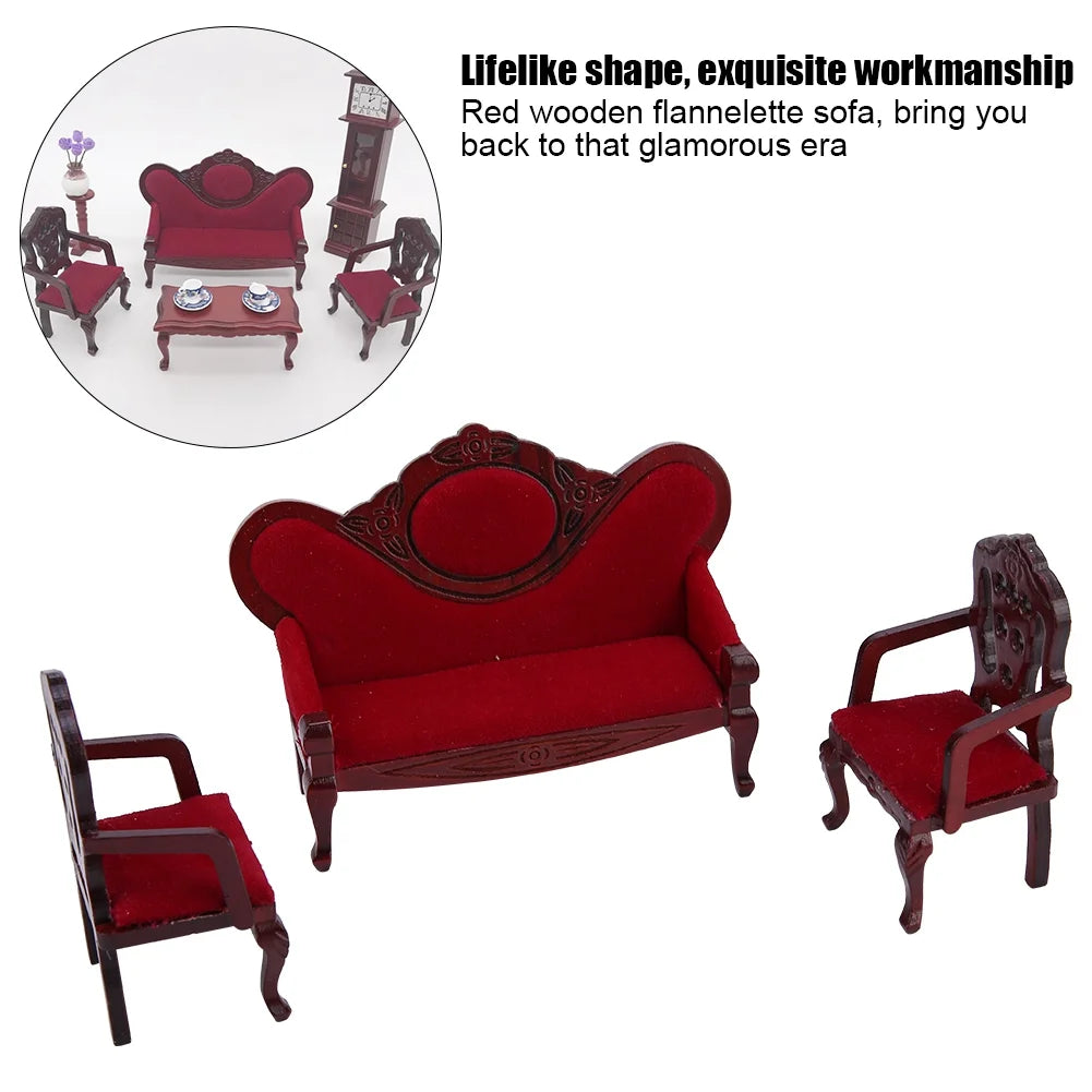 Red Wooden Dollhouse Sofa Chair Set W441