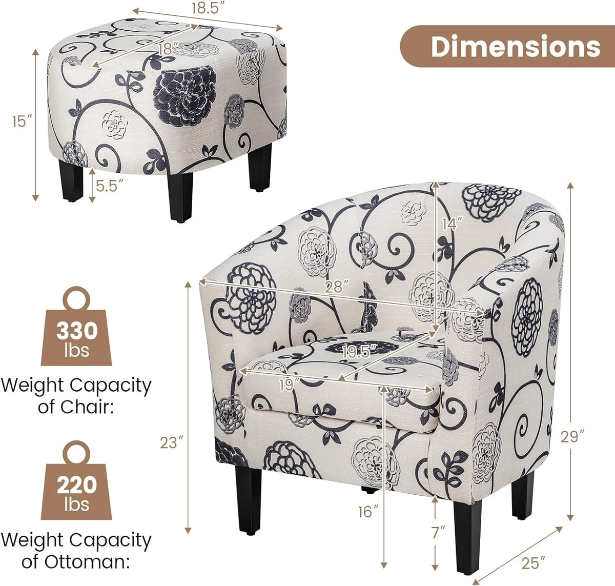 Accent Chair with Ottoman Set Upholstered Barrel Chair with Footrest V7371