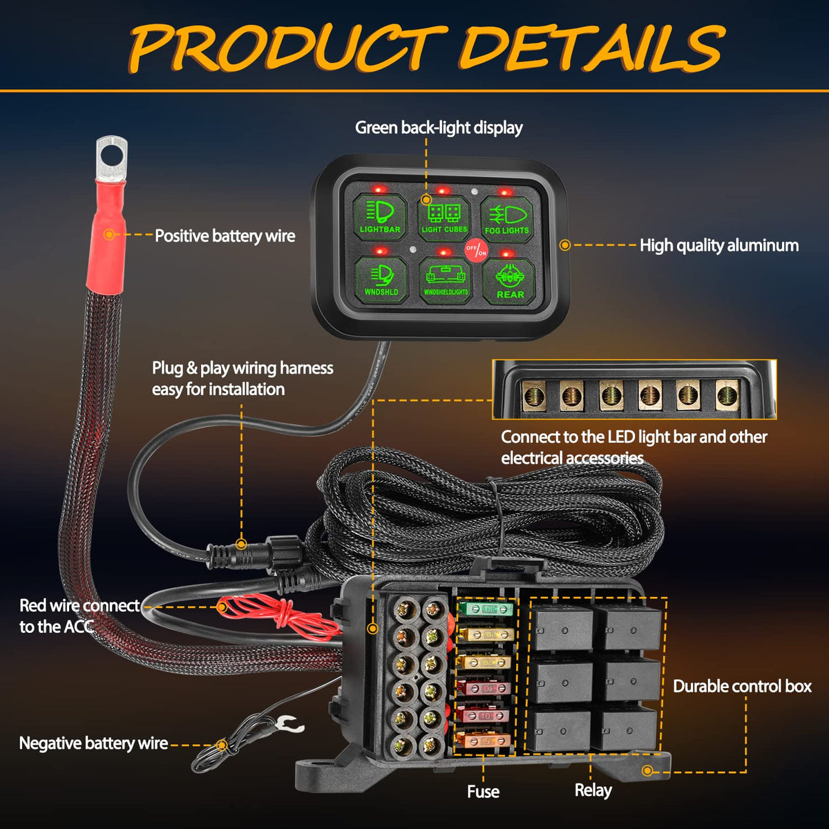 6 Gang Switch Panel Automatic Dimmable LED Car Switch Button Touch Switch Box U340